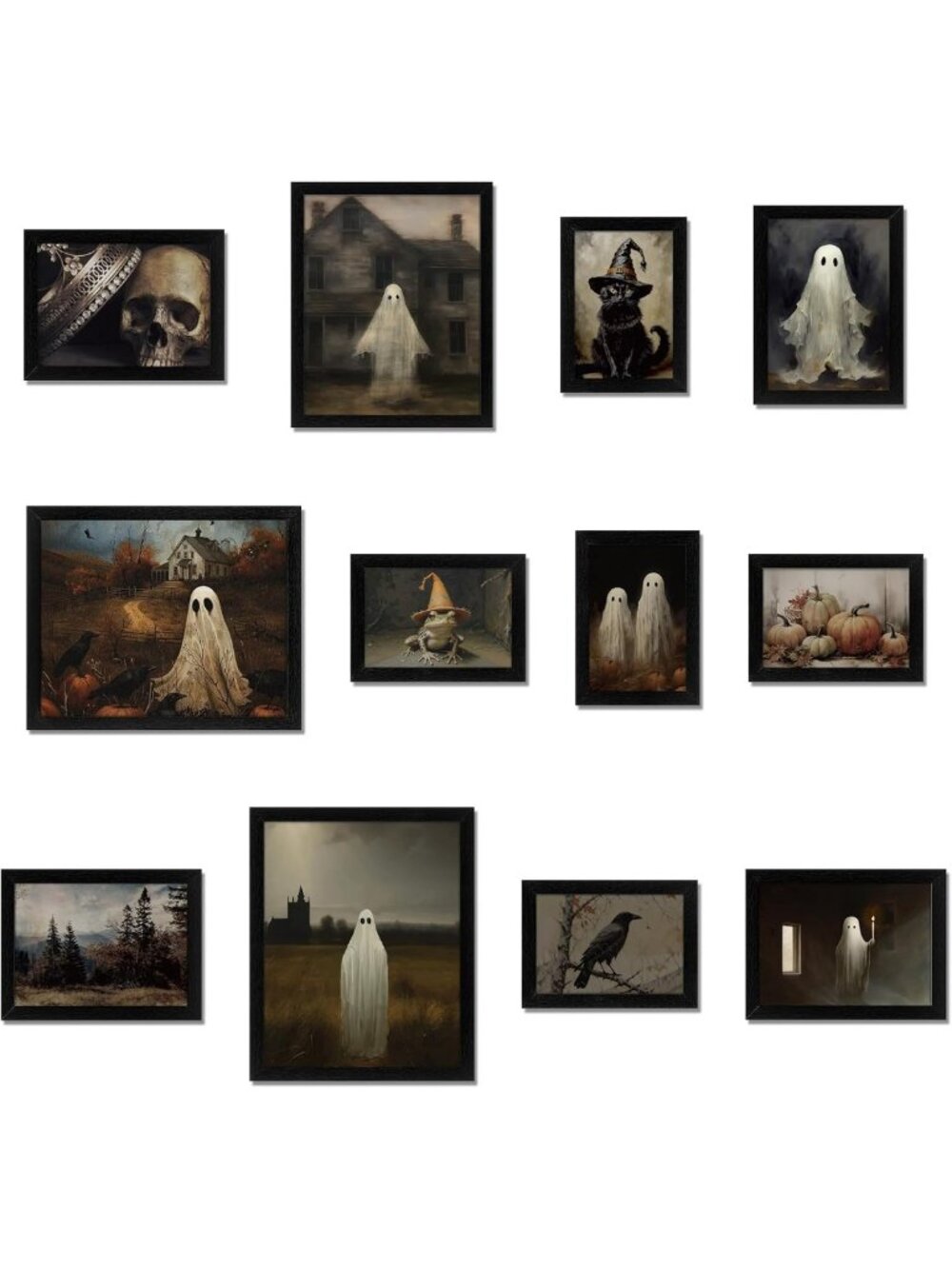 Spooky 12-Piece Framed Ghost Halloween Wall Art Decor - Perfect for Haunted